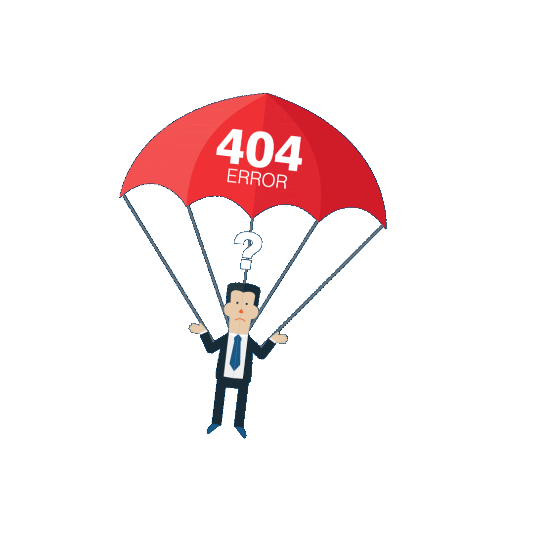 Business man hanging in parachute, looking for lost page - error page graphic.